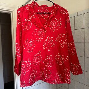 Vintage Silky Poly 80s Rose Blouse with Ruffle Collar